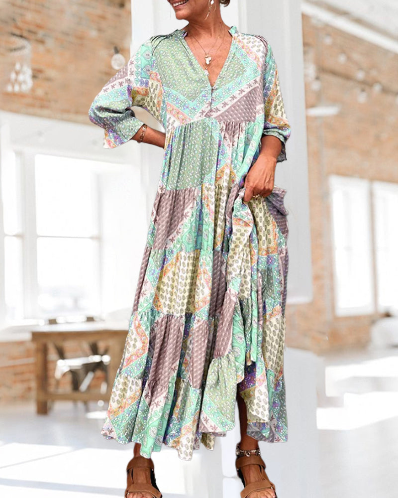 Quinna - Maxi jurk met 3/4 mouwen in gekleurde blokprint