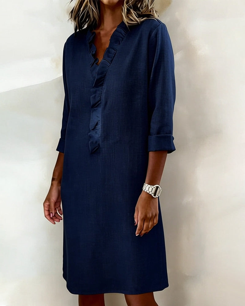 Ophivyn - V-hals jurk voor dames met volant rechte snit casual stijl