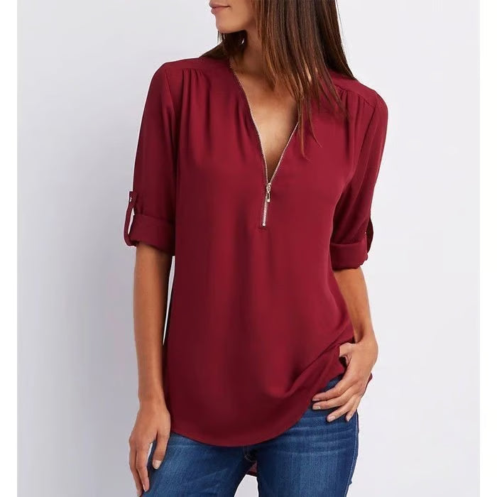 Quelina - 3/4 Mouw Losse Rits Blouse