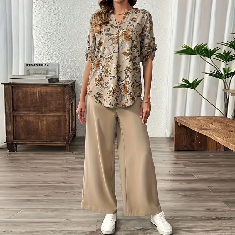Cynellea - Dames set met bloemenblouse en chique luchtige broek voor dagelijks gebruik