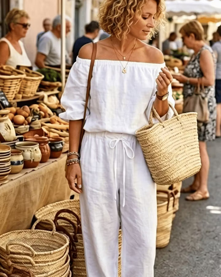 Brixavelle - Dames jumpsuit met blote schouders en strik taille van katoen