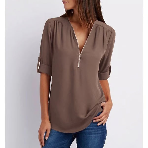Quelina - 3/4 Mouw Losse Rits Blouse