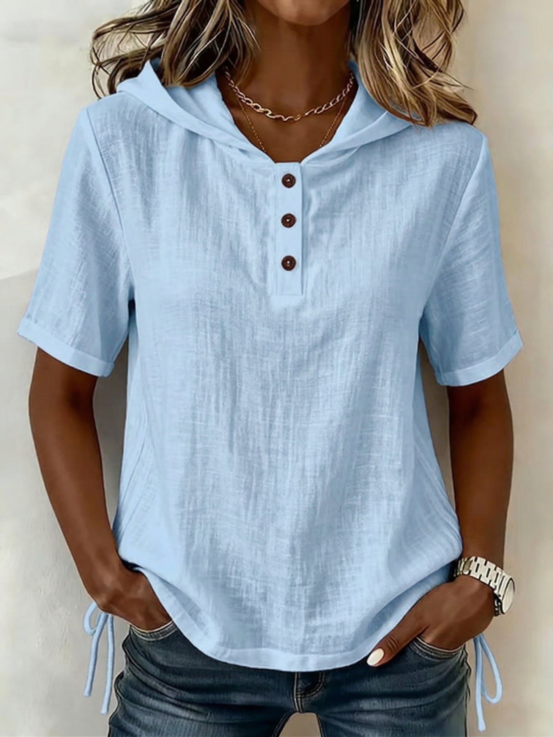 Aevrixa - Dames top met capuchon, vloeiende stof, korte mouwen, knopen, open kraag, casual stijl