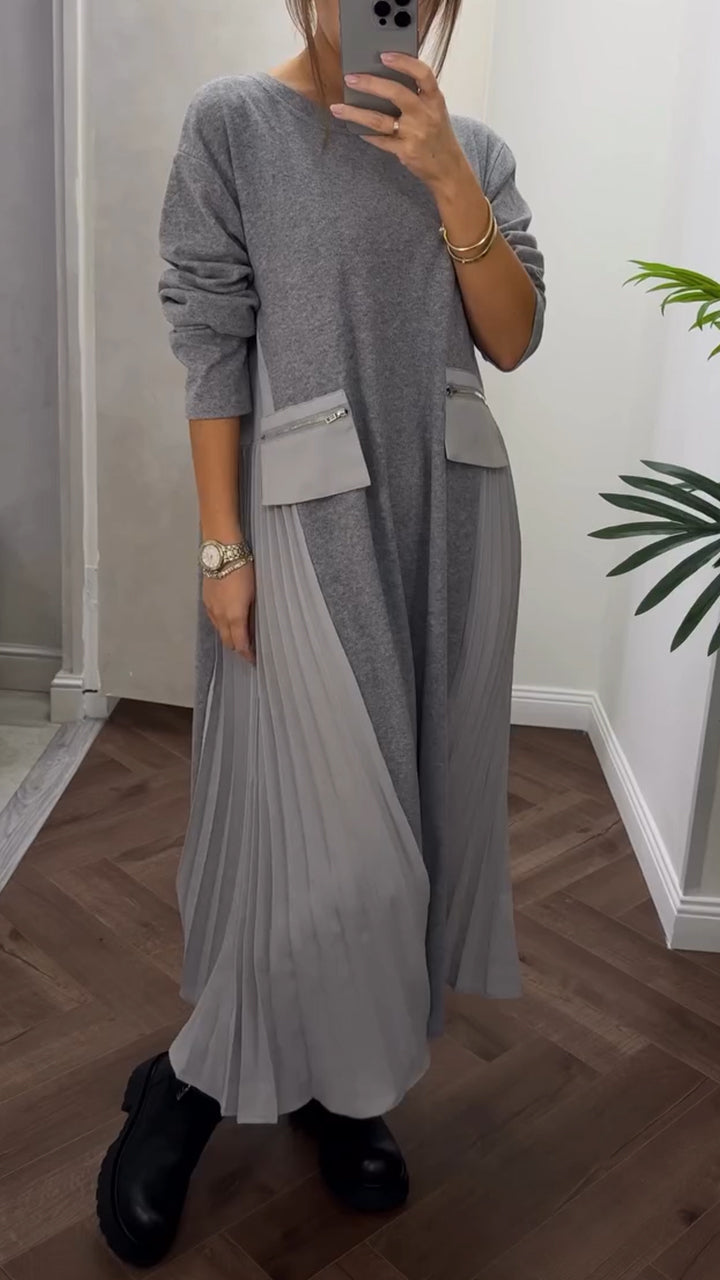 Isenelle - Casual Plissé Jurk met Ronde Hals en Zakken