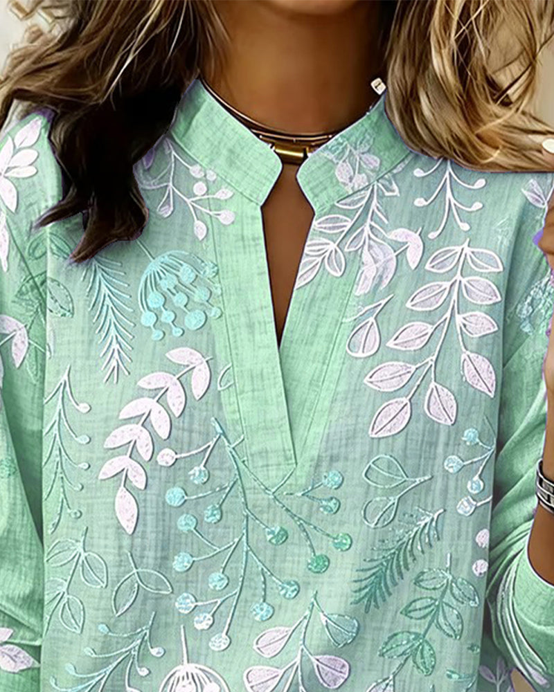 Drynora - Damesblouse met bloemenprint open kraag lange mouwen elegante stijl