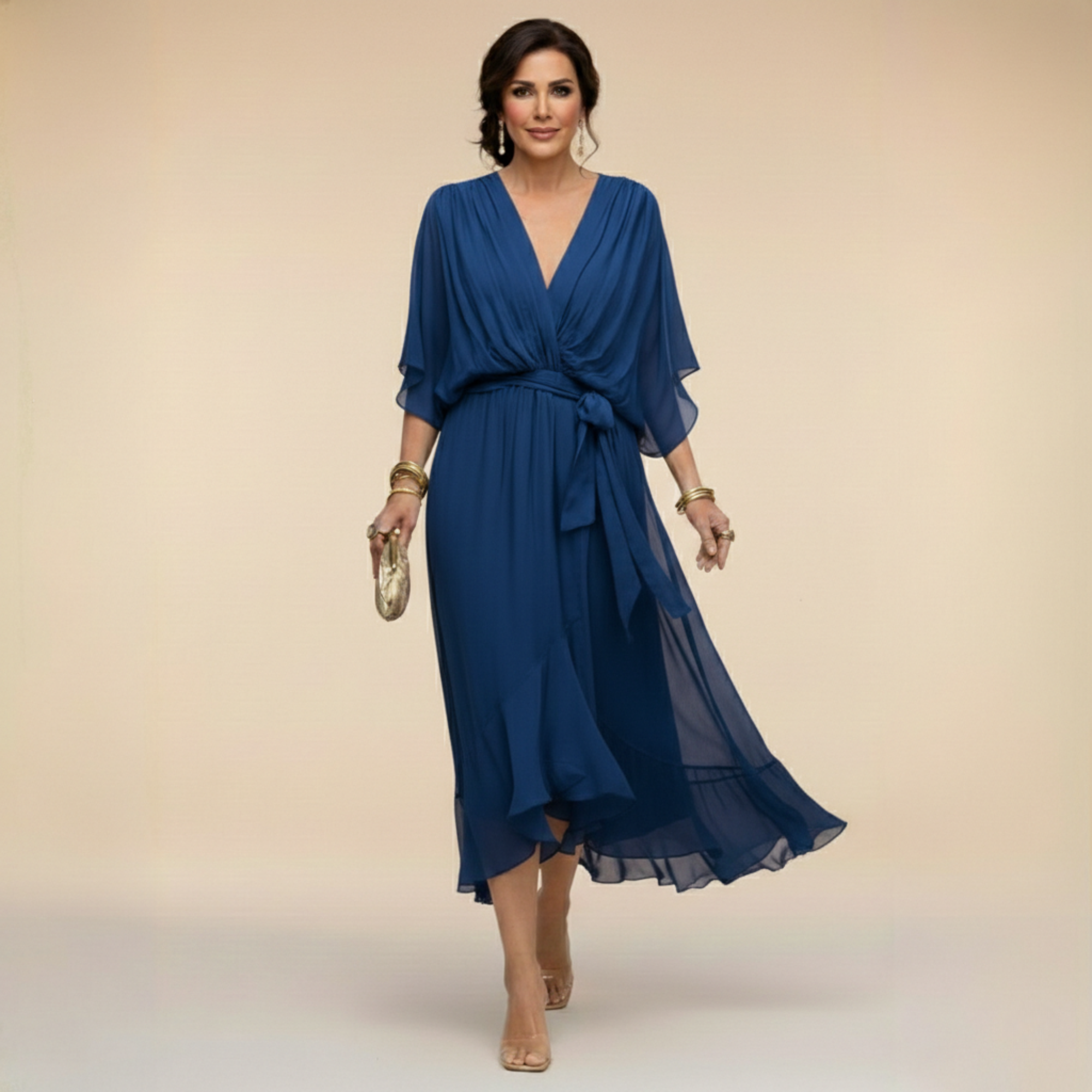 Lazira - Midi jurk voor vrouwen met V-hals, ruime mouwen en elegante riem