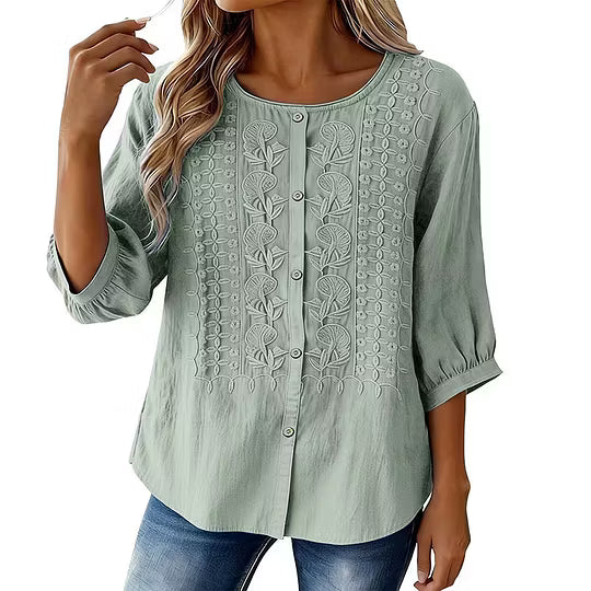 Sorivelle - Geborduurd damesblouse van katoen en linnen met 3/4 mouwen