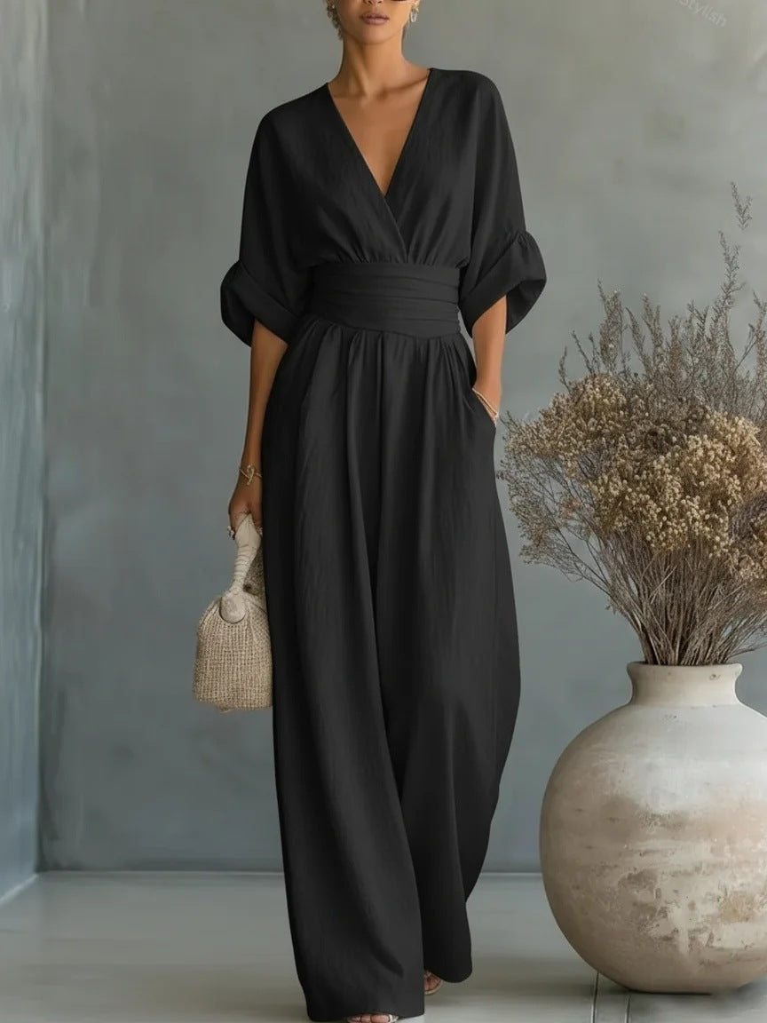 Daxelle - Elegante Dames Jumpsuit Met V-Hals, Getailleerde Taille, Wijde Benen