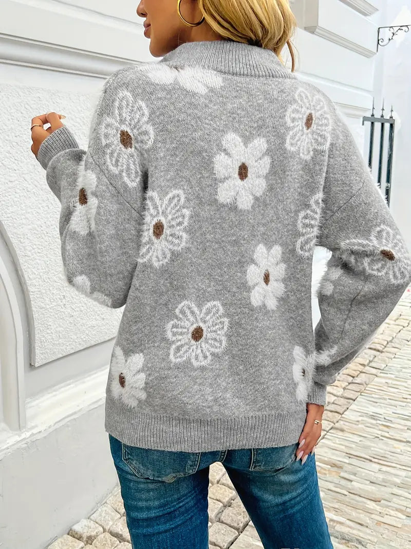 Pauline - Sweater met rits en bloemmotief met dropped shoulders