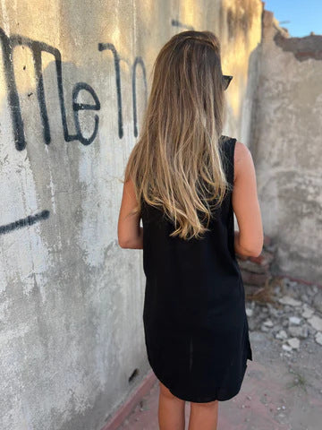 Nerelle - Katoen en linnen casual jurk met V-hals en steekzak