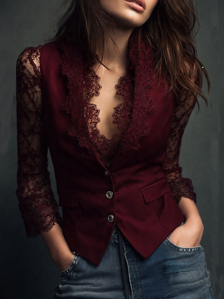 Bruxelle - Elegante Damesblouse van Kant met Transparante Mouwen