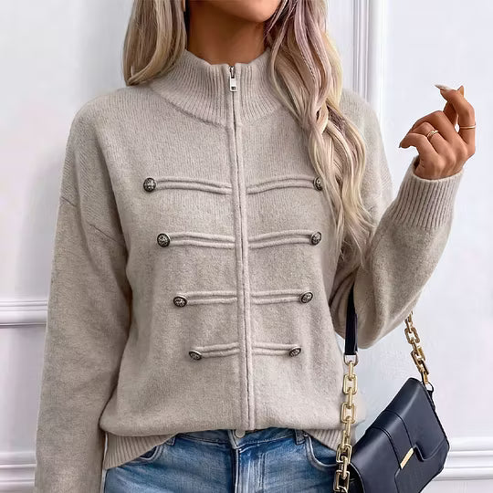 Teuntje - Dames gebreide gilet met hoge, rits en decoratieve knopen