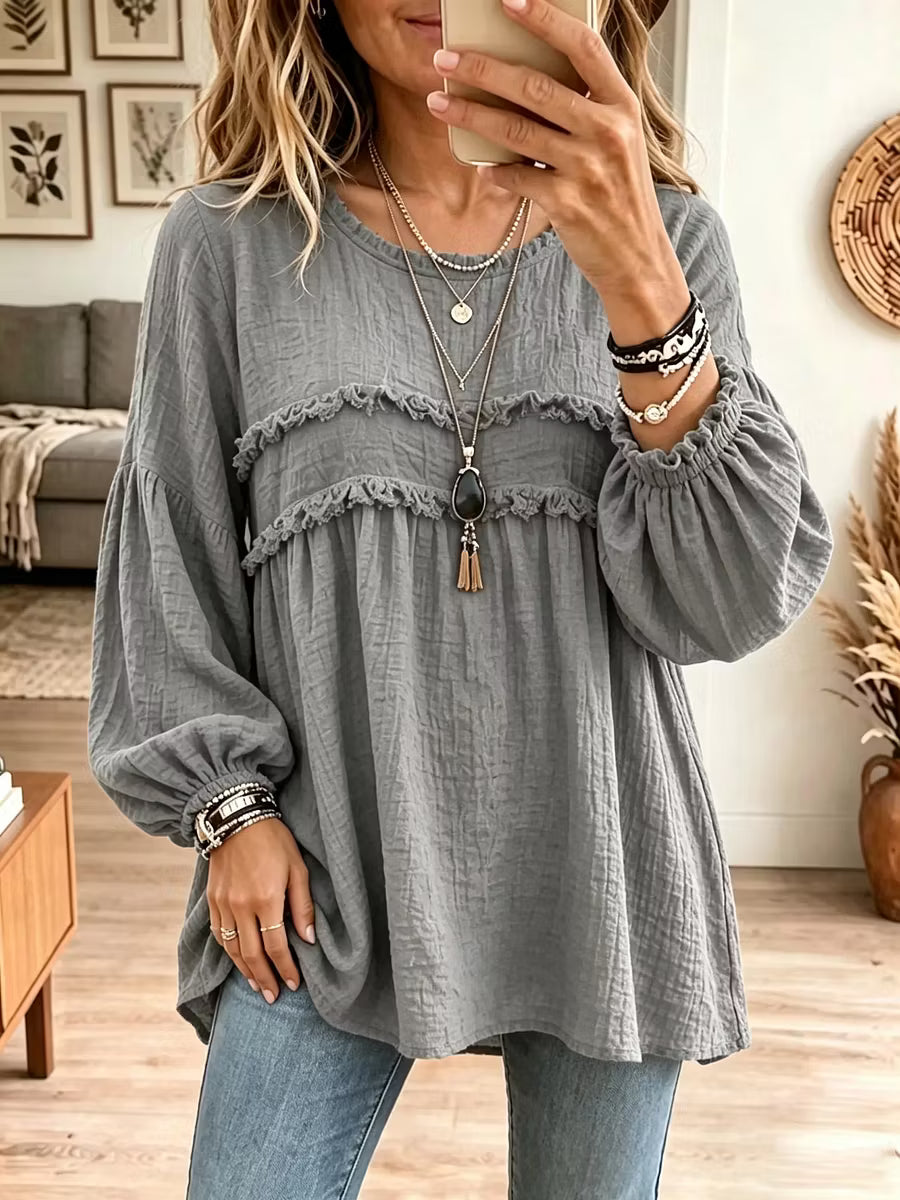 Noëlie - Vrouwelijke babydoll tuniek met volant en ballonmouwen