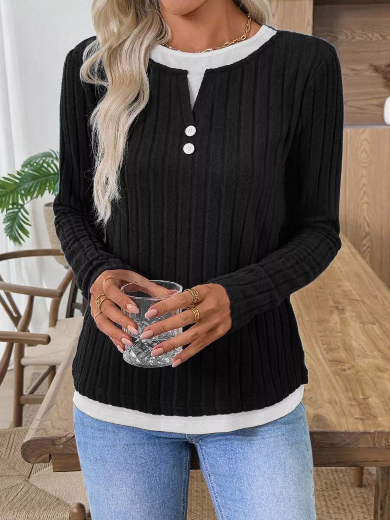 Kalivianne - Geribbelde Winter T-shirt met Lange Mouwen
