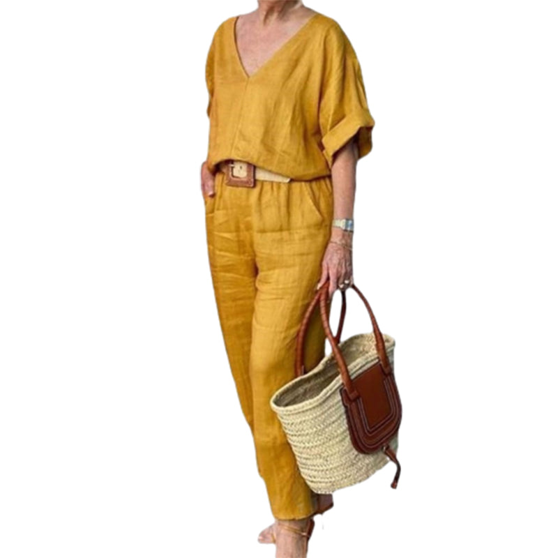 Loxaria - V-hals dames set met broek en zakken in casual stijl