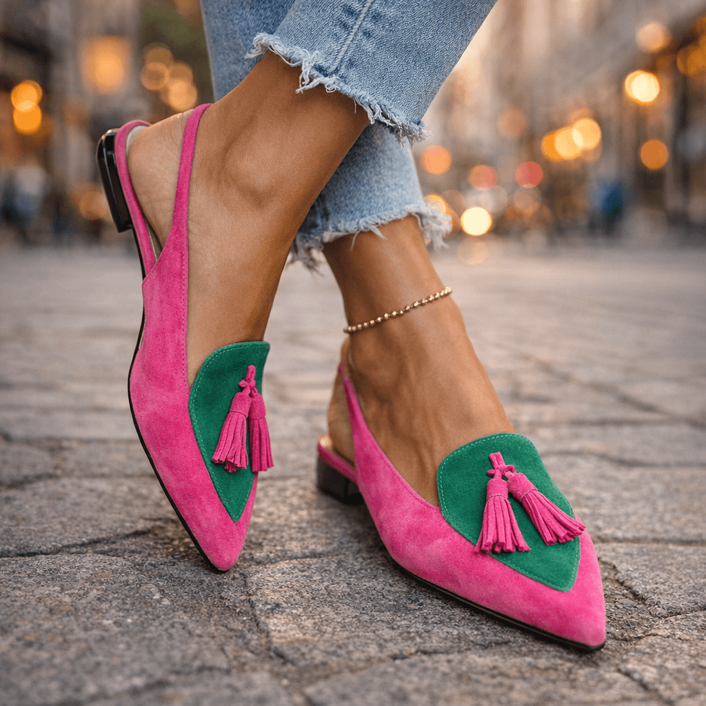 Nexoria - Elegante bicolor damesmules met trendy pompons