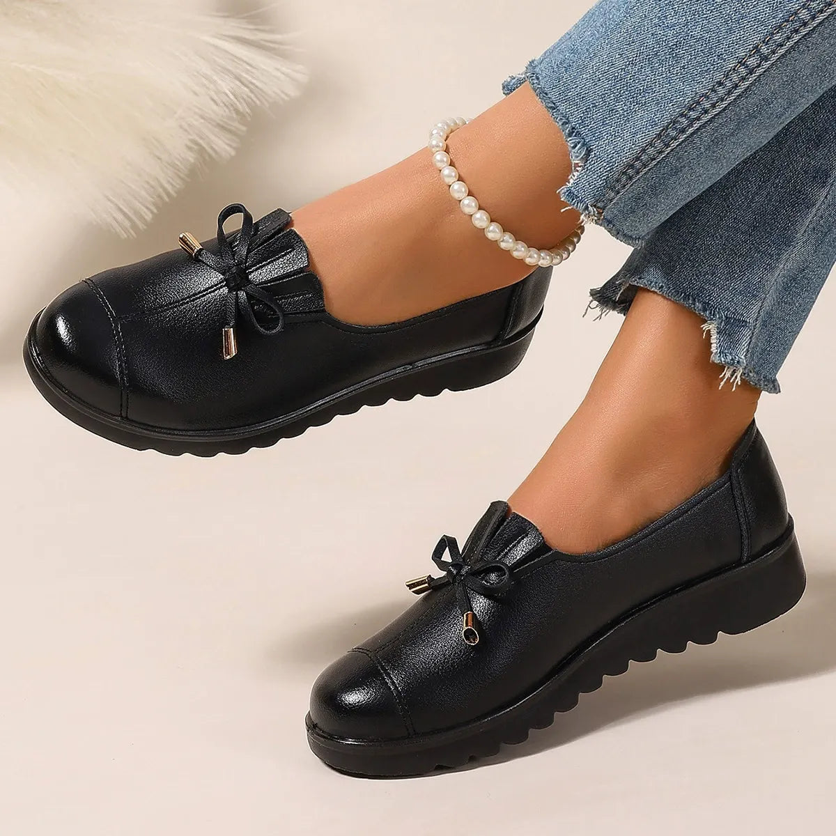 Nieske - Comfortabele Dames Instap Mocassins met Strik en Plateauzool