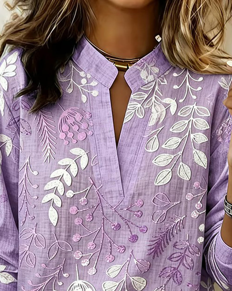 Drynora - Damesblouse met bloemenprint open kraag lange mouwen elegante stijl