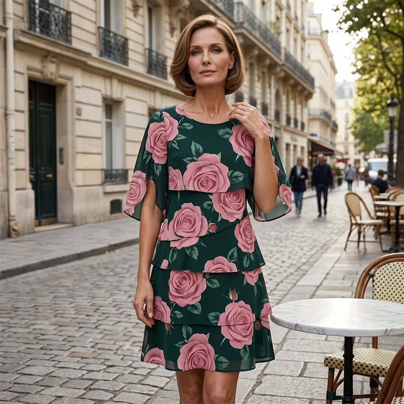 Qyvelle - Vrouwenjurk met Bloemenprint, Ruime Pasvorm, Vloeiende Mouwen, Elegante Stijl