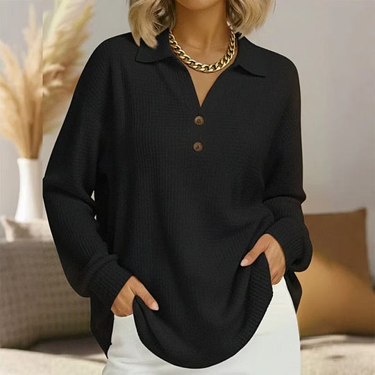 Jorina - Damesblouse met V-hals, Knopen en Lange Mouwen in Gewatteerd Breiwerk