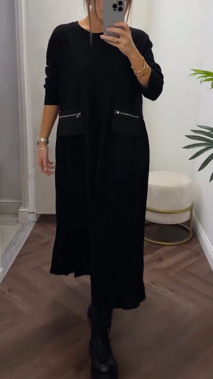 Isenelle - Casual Plissé Jurk met Ronde Hals en Zakken