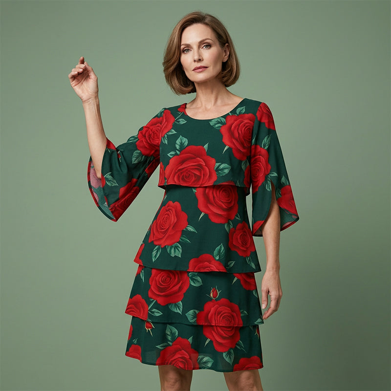 Qyvelle - Vrouwenjurk met Bloemenprint, Ruime Pasvorm, Vloeiende Mouwen, Elegante Stijl