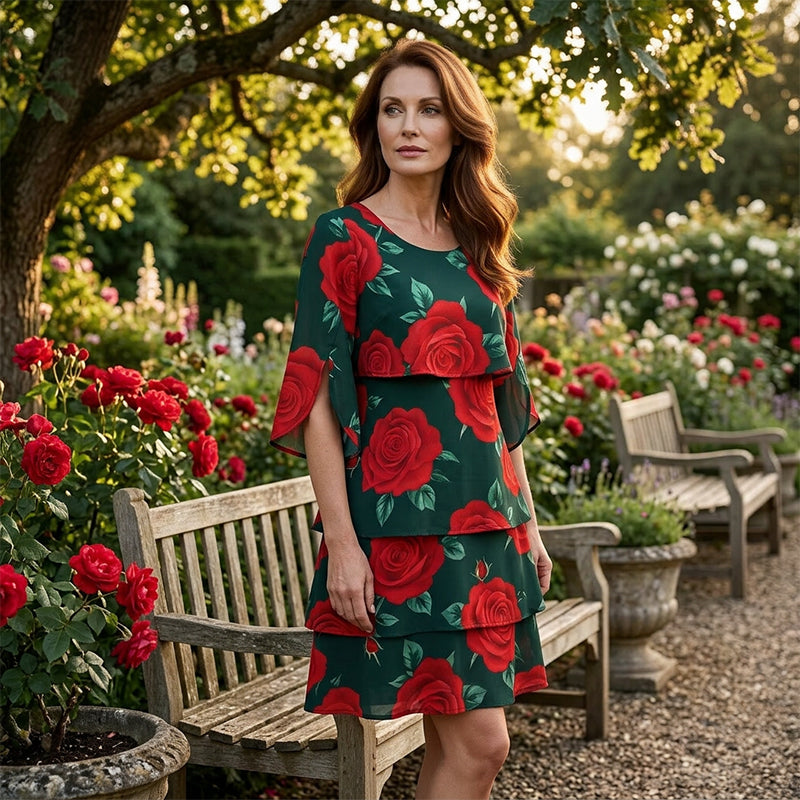 Qyvelle - Vrouwenjurk met Bloemenprint, Ruime Pasvorm, Vloeiende Mouwen, Elegante Stijl