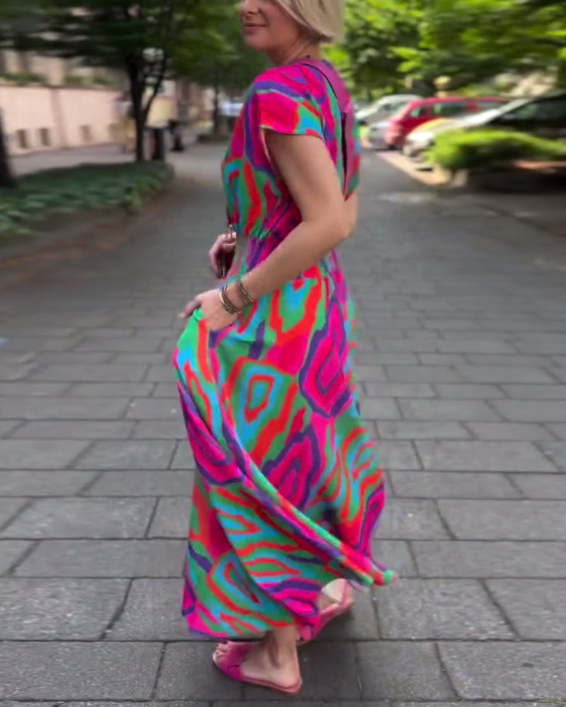 Roxana - Maxi-jurk met kleurrijke print, v-hals en raglanmouwen
