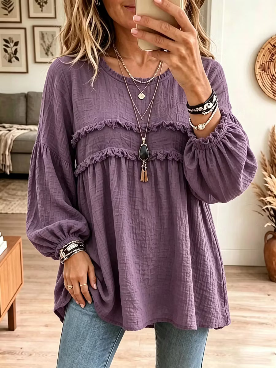 Noëlie - Vrouwelijke babydoll tuniek met volant en ballonmouwen