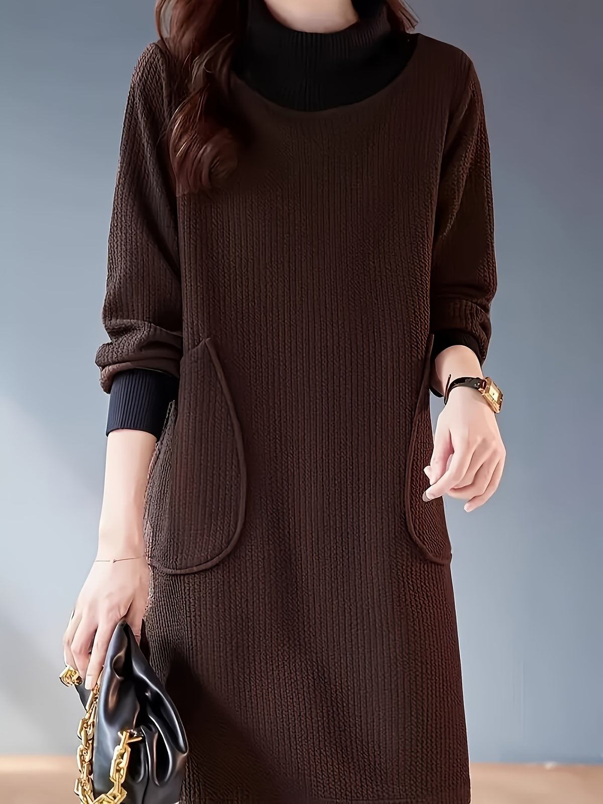 Lydie - Chique Midi-jurk met Hoge Kraag en Raglanmouwen
