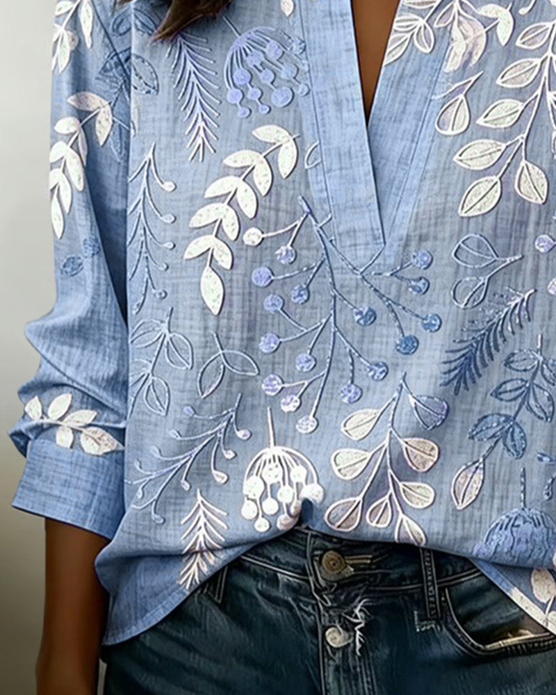 Drynora - Damesblouse met bloemenprint open kraag lange mouwen elegante stijl