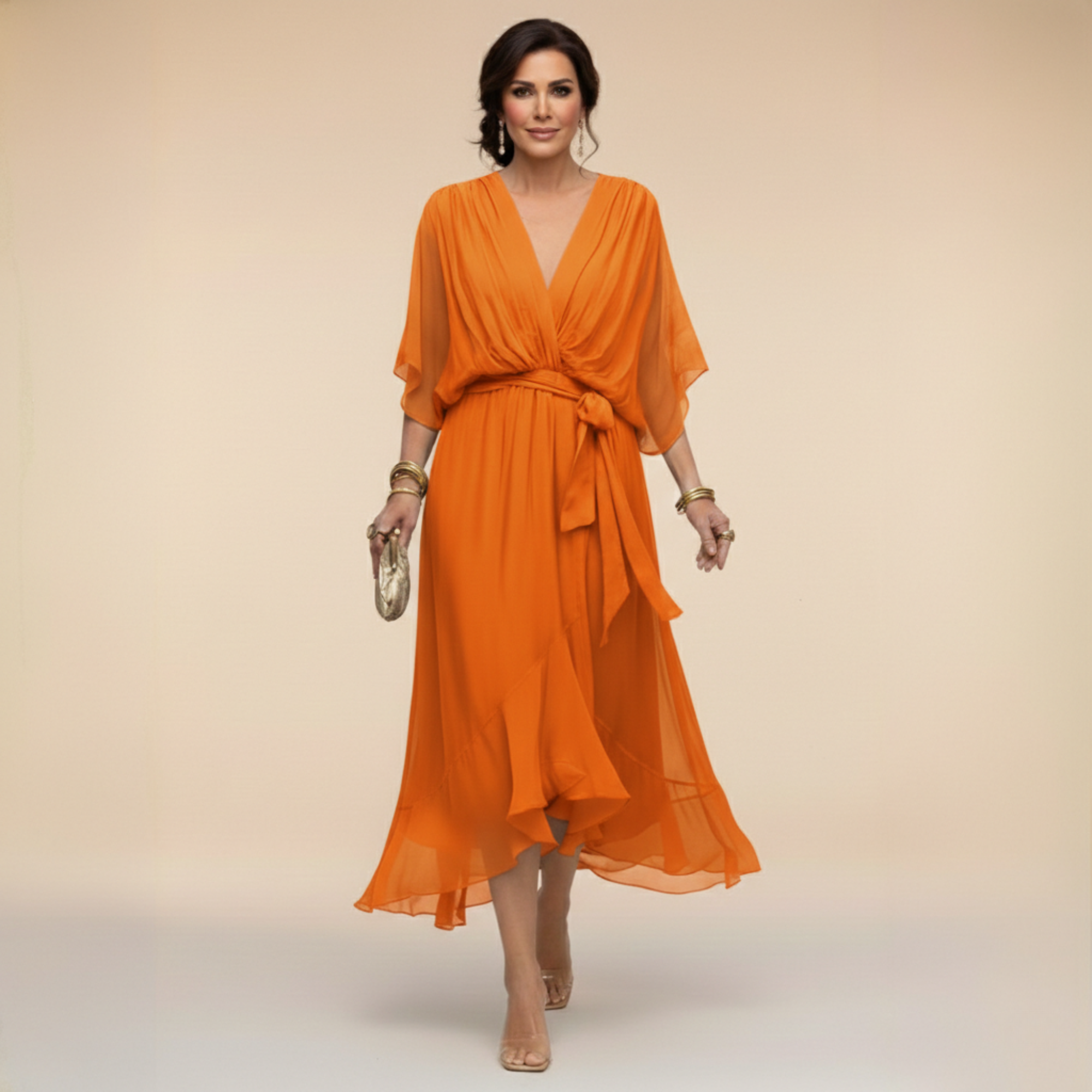 Lazira - Midi jurk voor vrouwen met V-hals, ruime mouwen en elegante riem