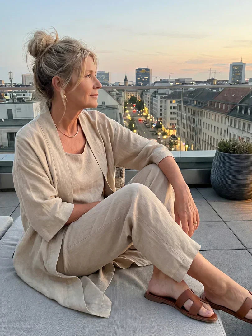 Faevina - Licht damesensemble met kimono, top en broek