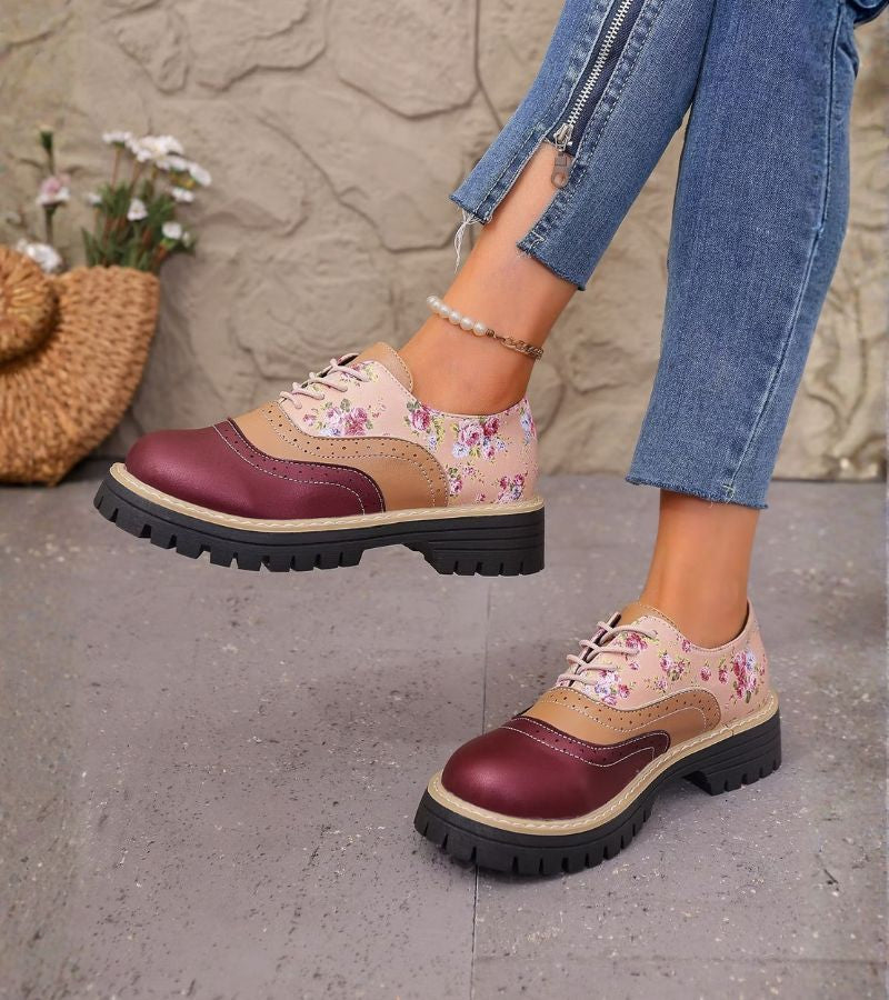 Maan - Dames Oxford Schoenen met Veters en Bloemenpatroon met Dikke Zool