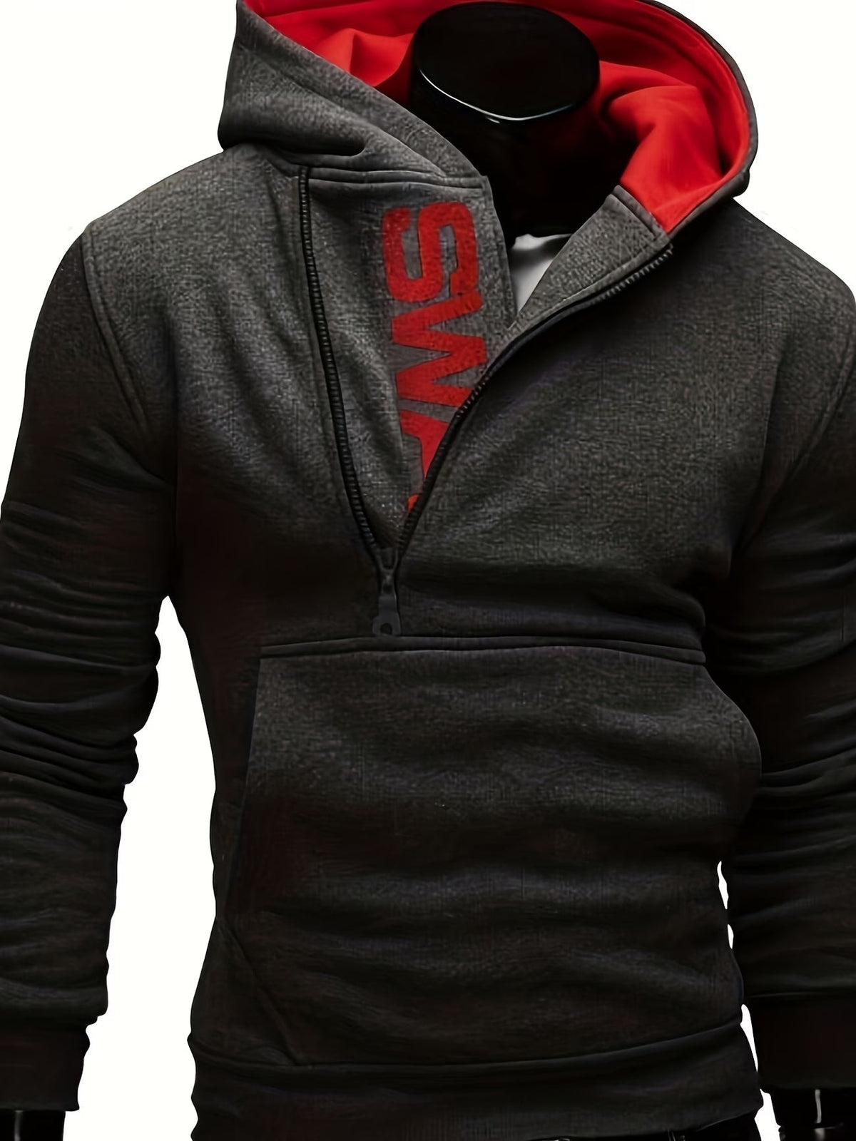 Loic - Slim fit hoodie voor mannen met asymmetrische rits en print