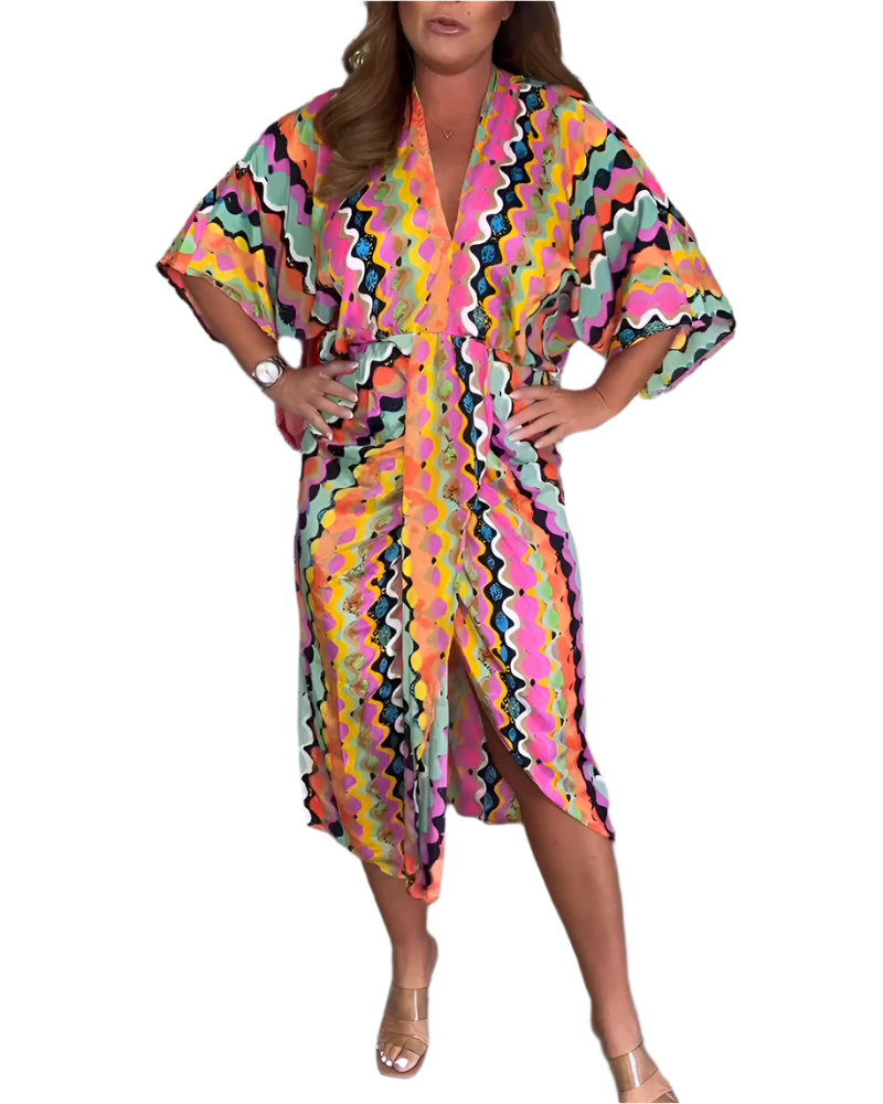 Rosaria - Dames Multicolour V-hals Midi Dress