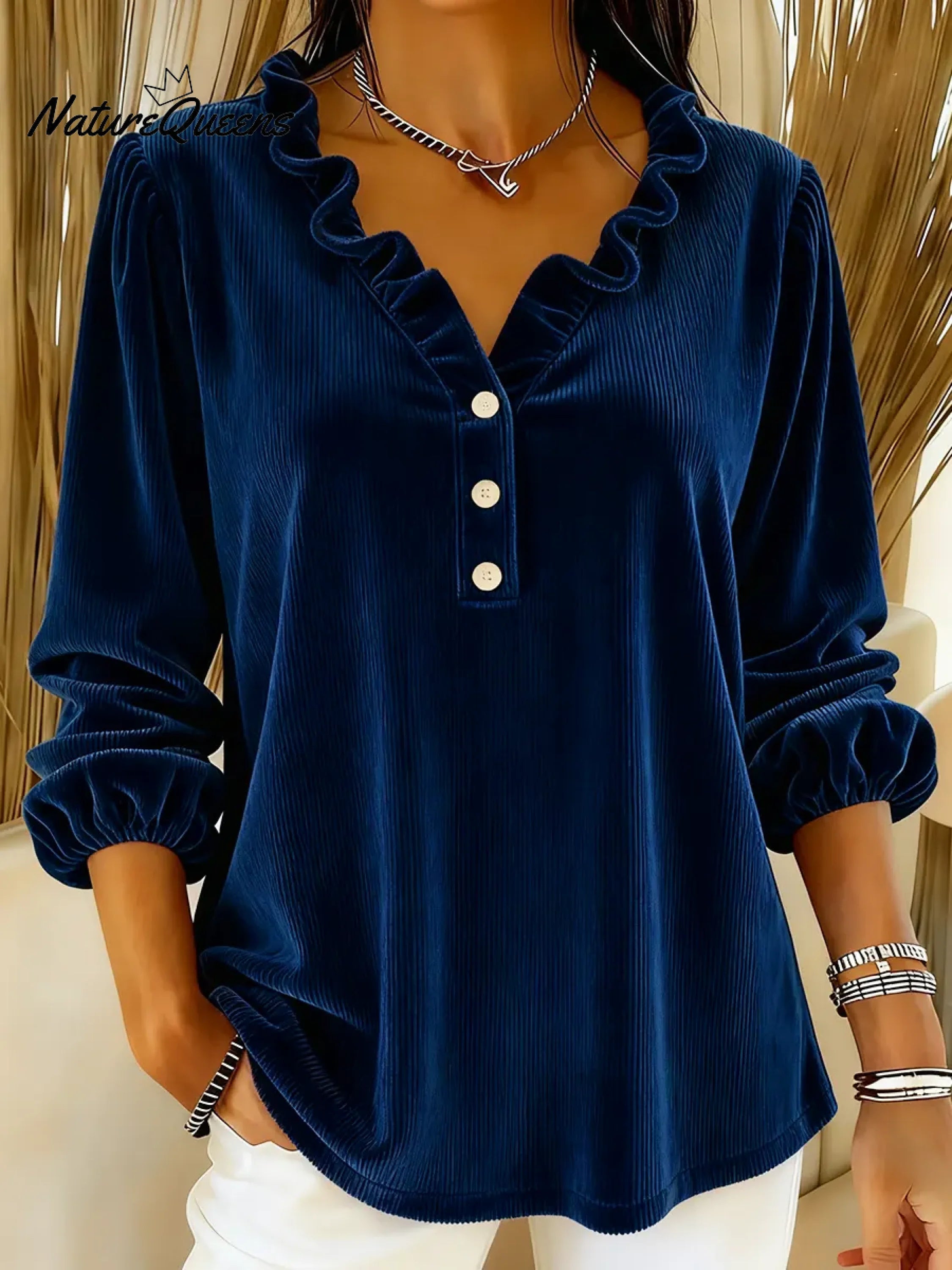 Jovellina - Geribbelde Chemise met Volantkraag