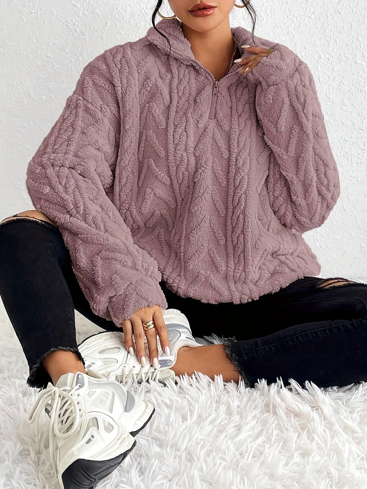 Claudette - Luxe Sweatshirt met Fleece en Kabeltricot