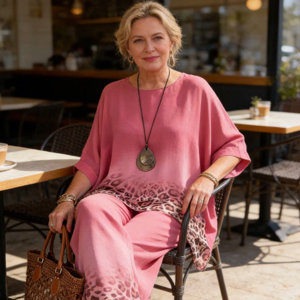 Ixelara - Dames tweedelig ensemble poncho met aflopend luipaardprint