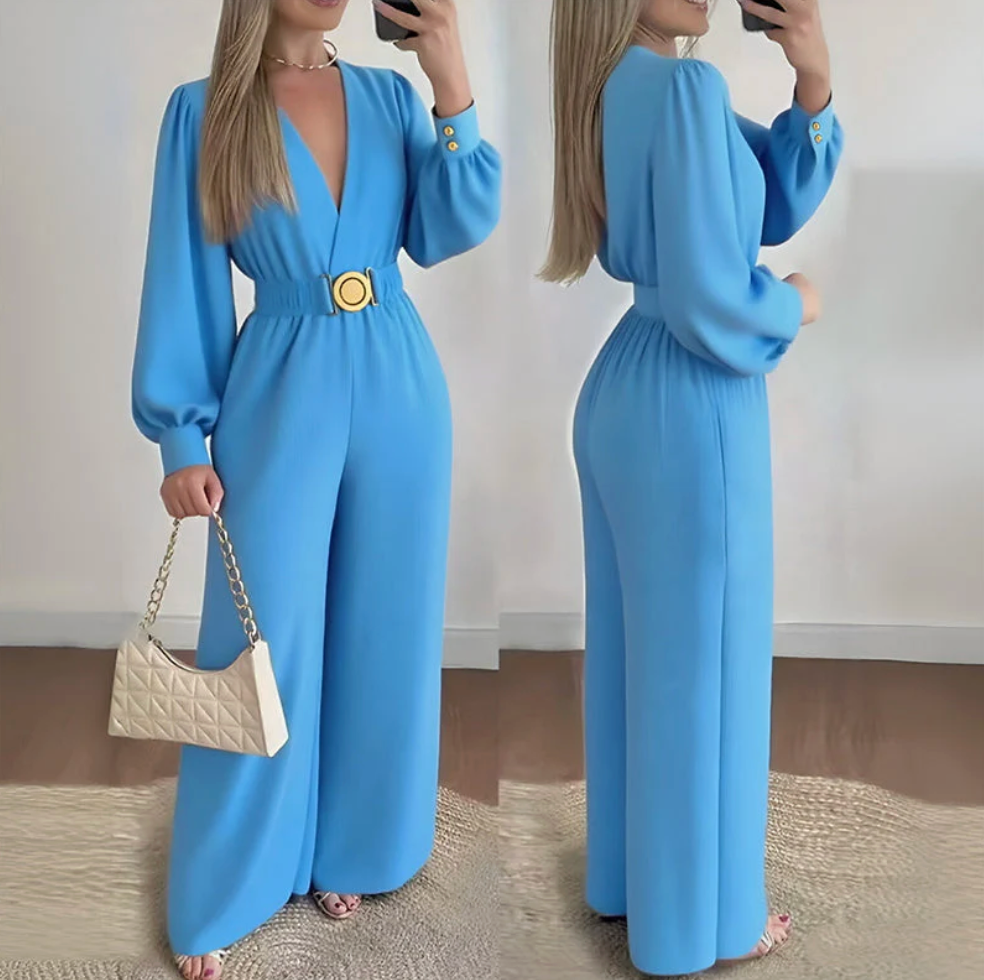 Jorethia - Dames jumpsuit met wijde pijpen V-hals ceintuur en pofmouwen