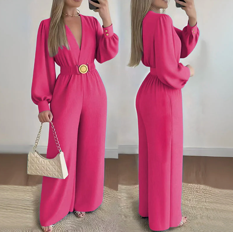 Jorethia - Dames jumpsuit met wijde pijpen V-hals ceintuur en pofmouwen