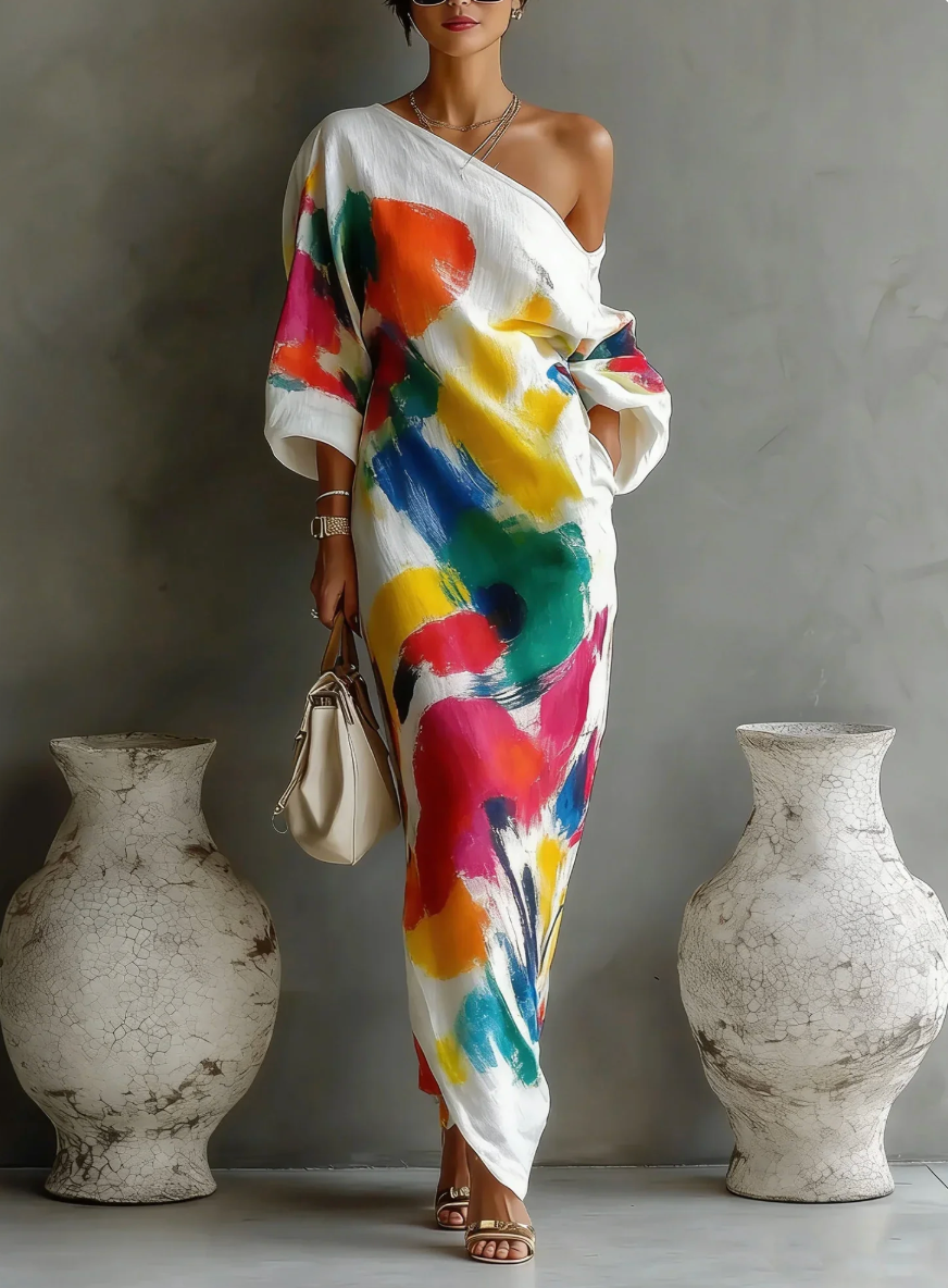 Tirevyn - Asymmetrische maxi jurk voor dames met artistieke print