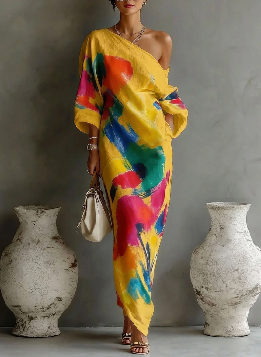 Tirevyn - Asymmetrische maxi jurk voor dames met artistieke print