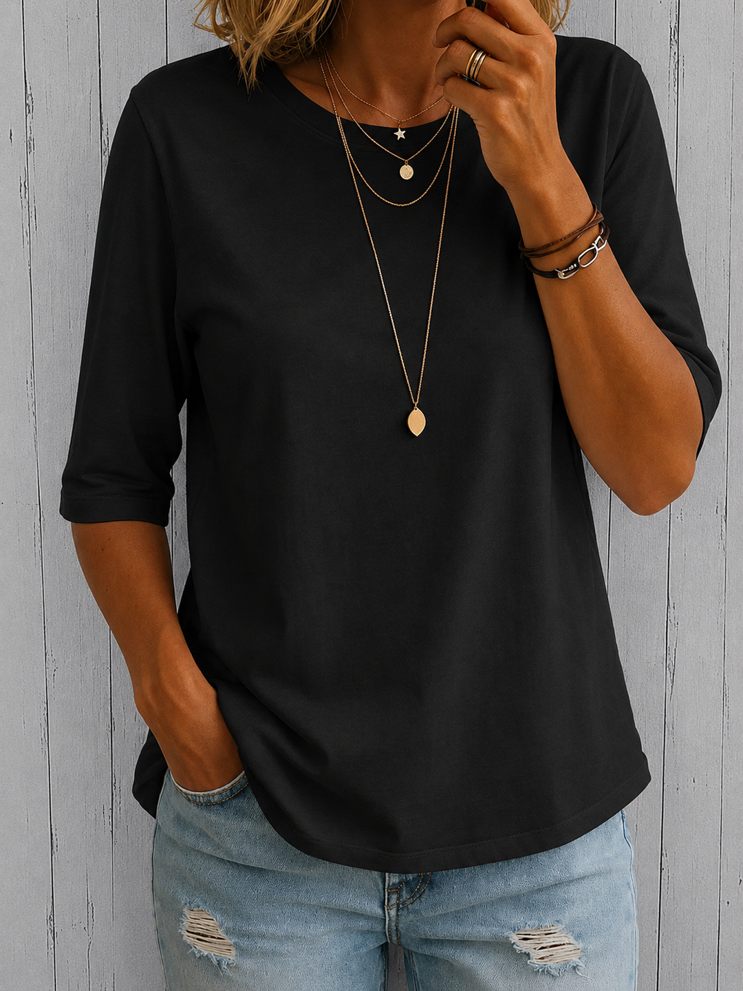 Bérangère - Dames T-shirt met ronde hals en driekwartmouwen
