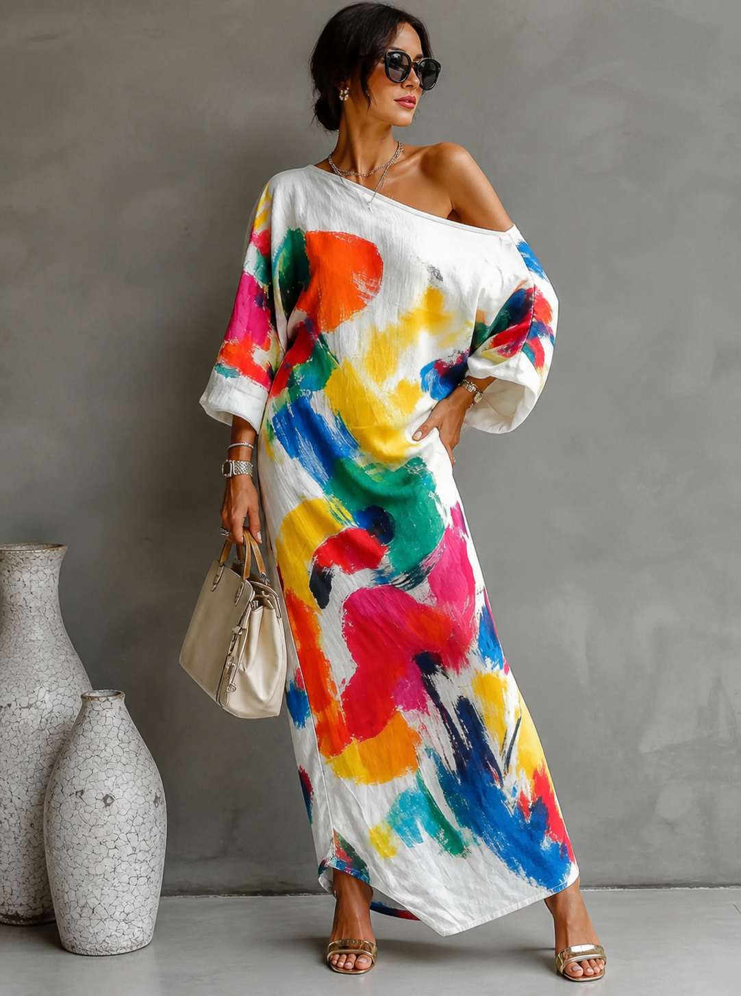 Tirevyn - Asymmetrische maxi jurk voor dames met artistieke print