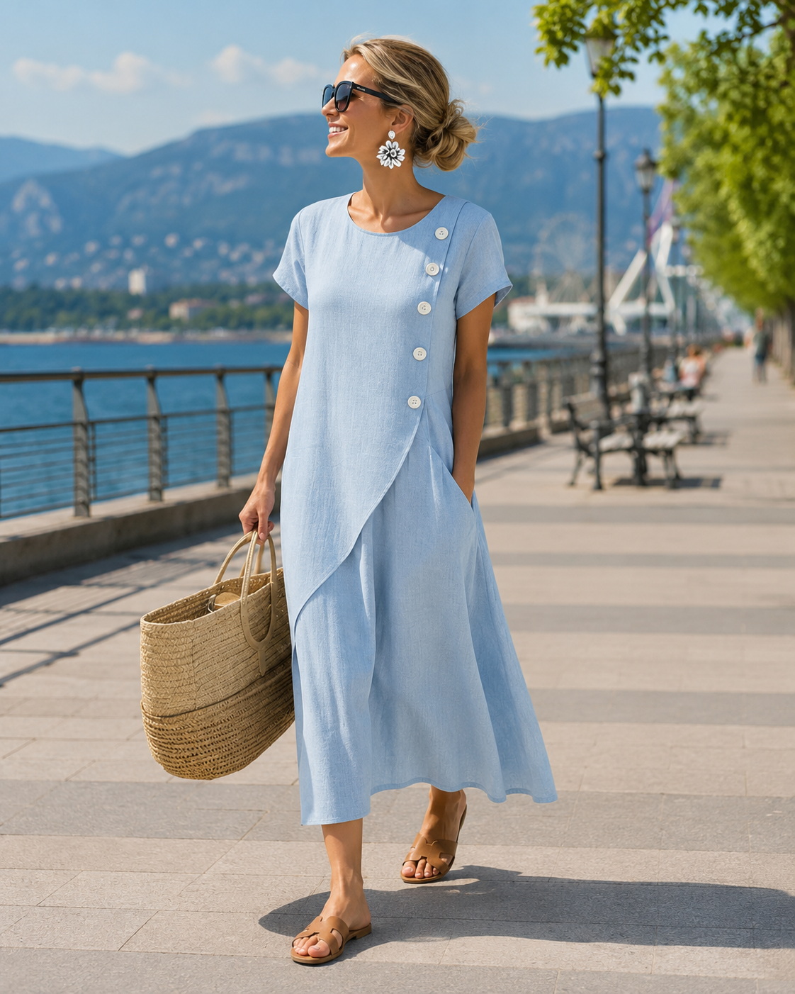 Nalisse - Dames midi jurk met asymmetrische knopen en zakken