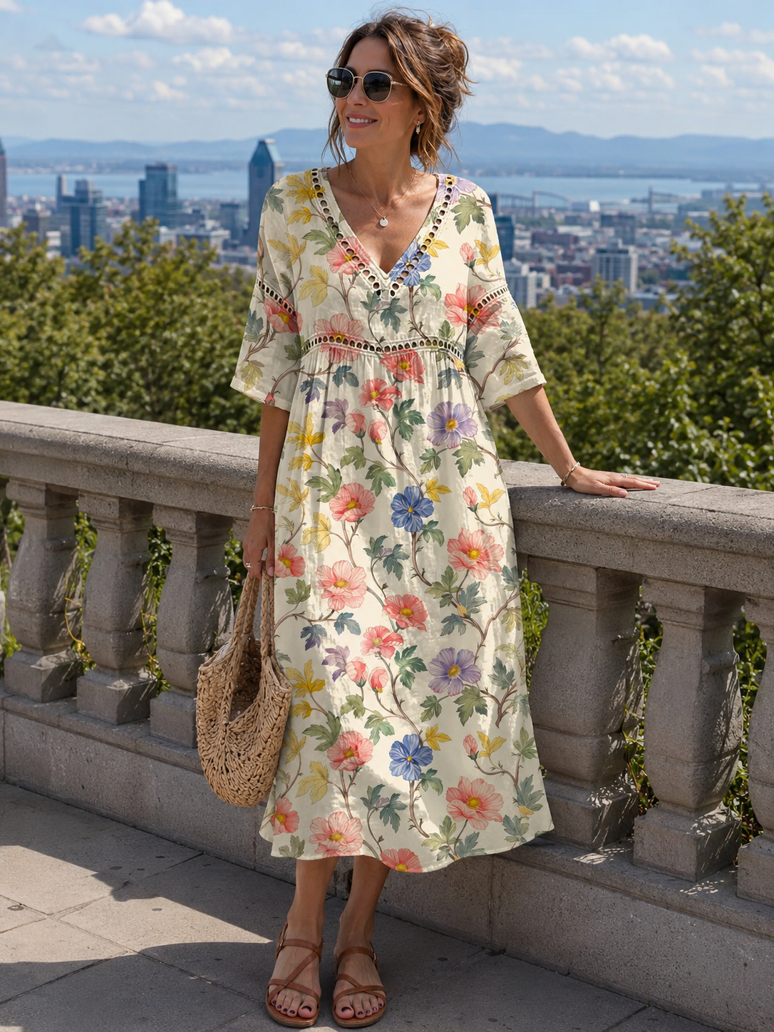 Althea - Midi jurk voor dames van katoen-linnen met bloemenprint