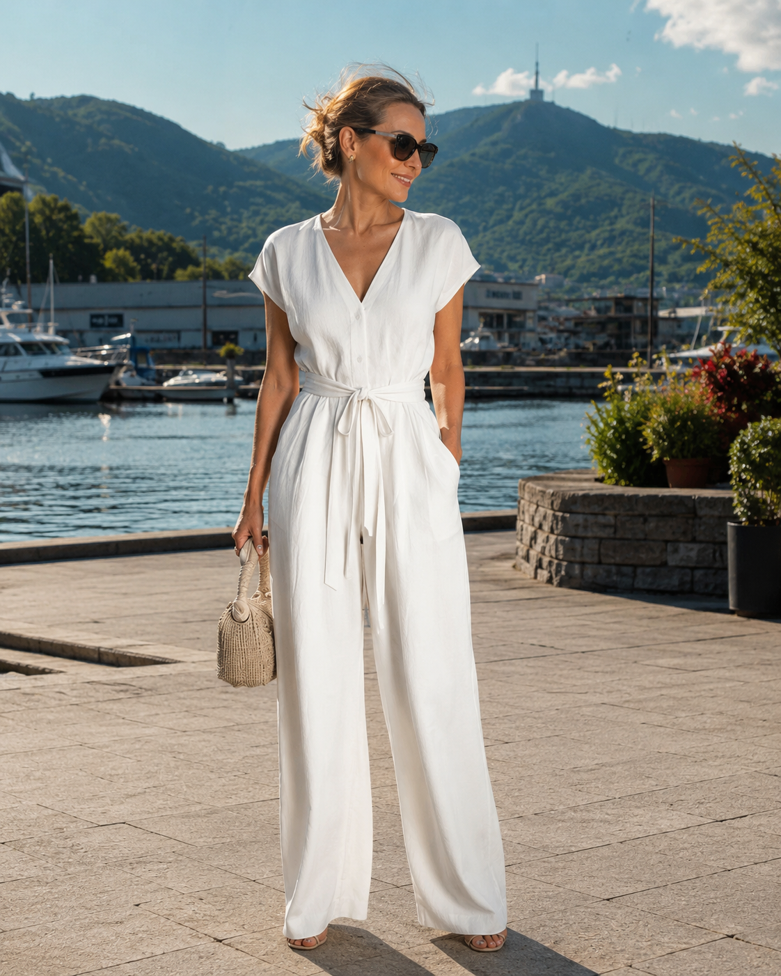 Calyne - Witte dames jumpsuit met V-hals en riem