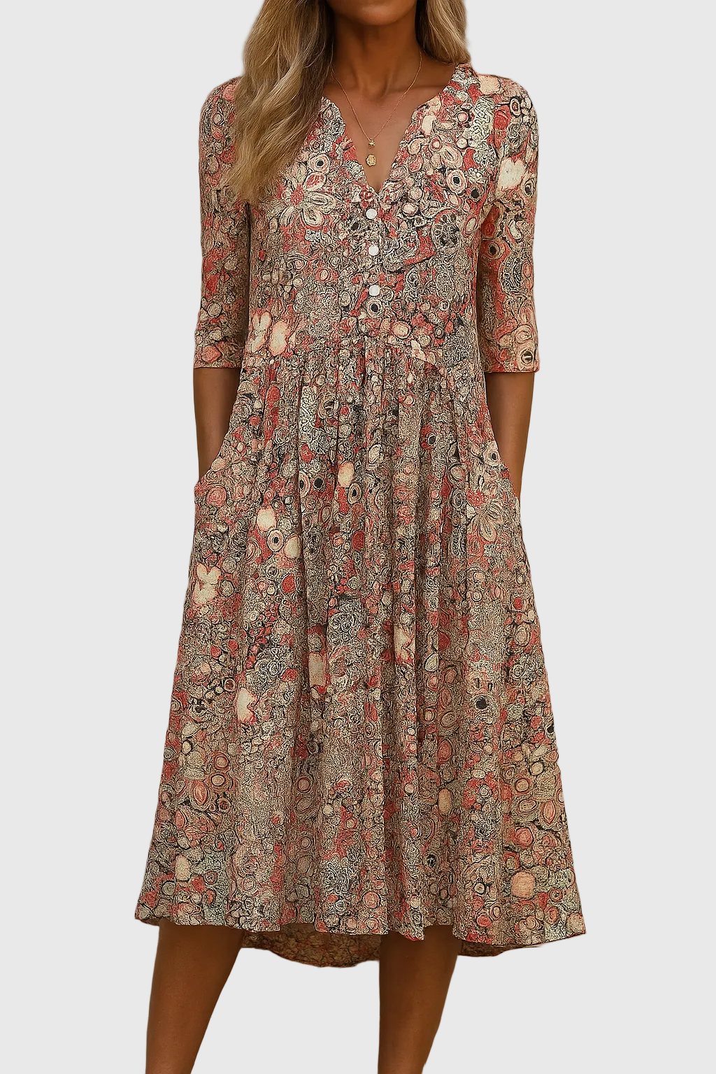 Hespera - Midi Jurk met Print V-Hals Dames
