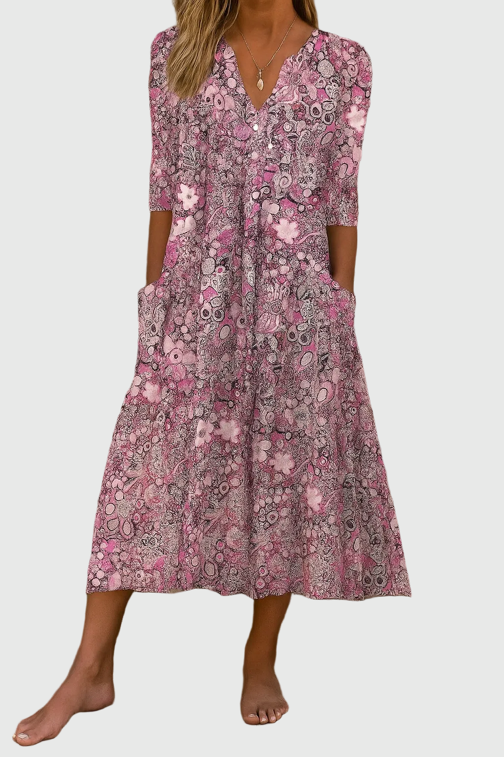 Hespera - Midi Jurk met Print V-Hals Dames